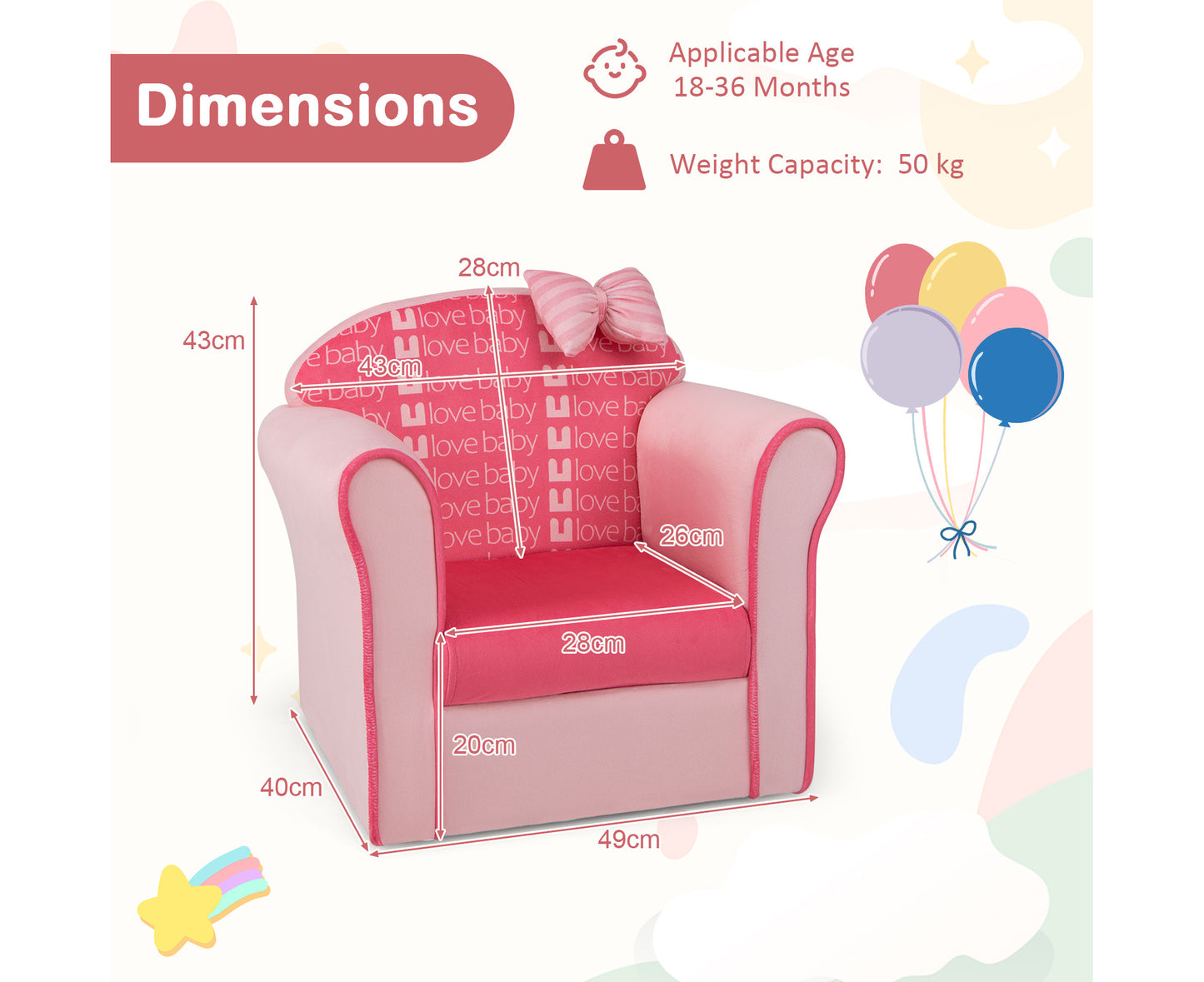 Kids Sofa Ergonomic Children Couch Upholstered Armchair W/Cute Bow Bedroom Living Room, Pink