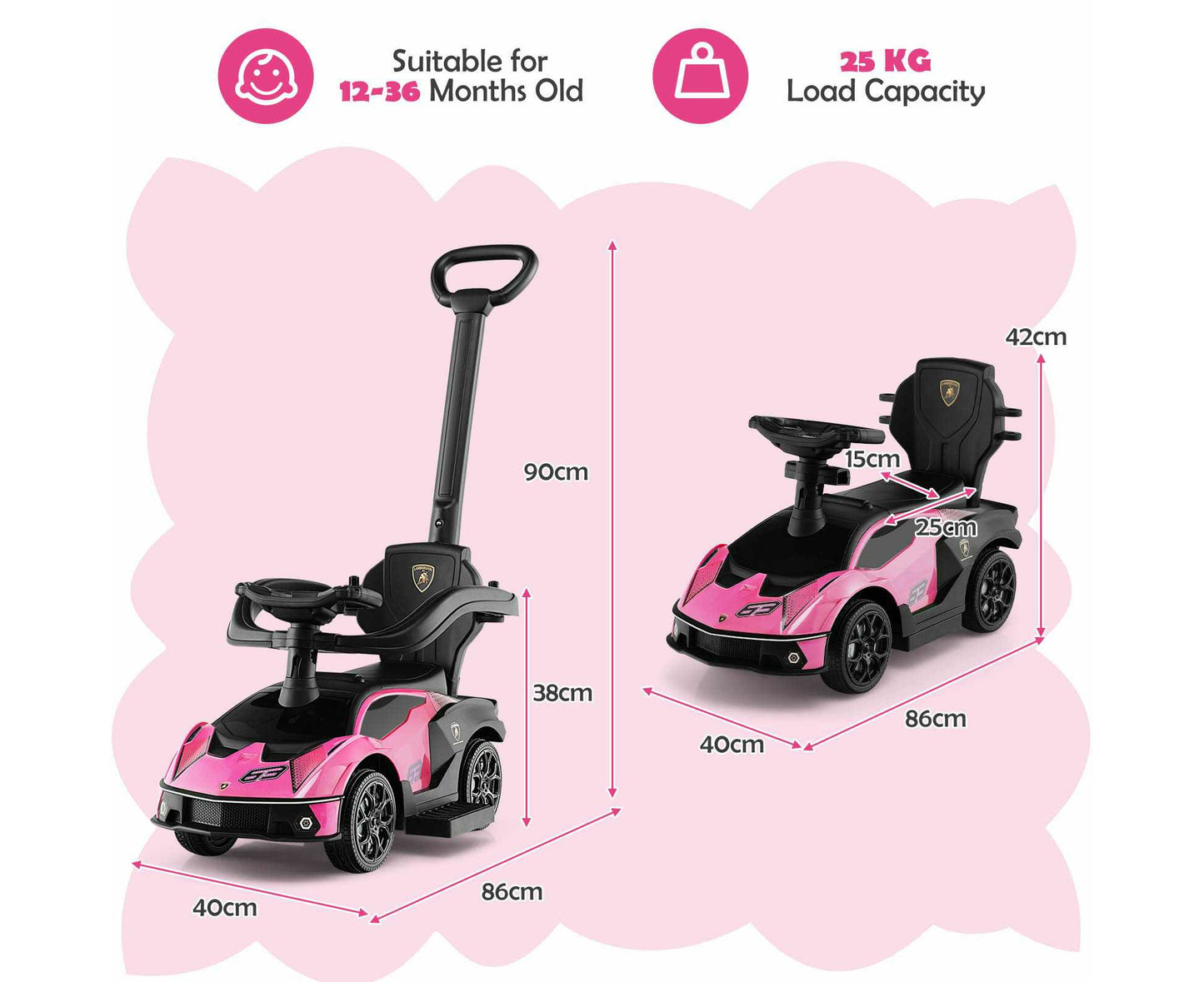 Lamborghini Licensed Ride on Push Car Sliding Walking Toy Birthday Gift W/Security Guardrails & Storage Pink