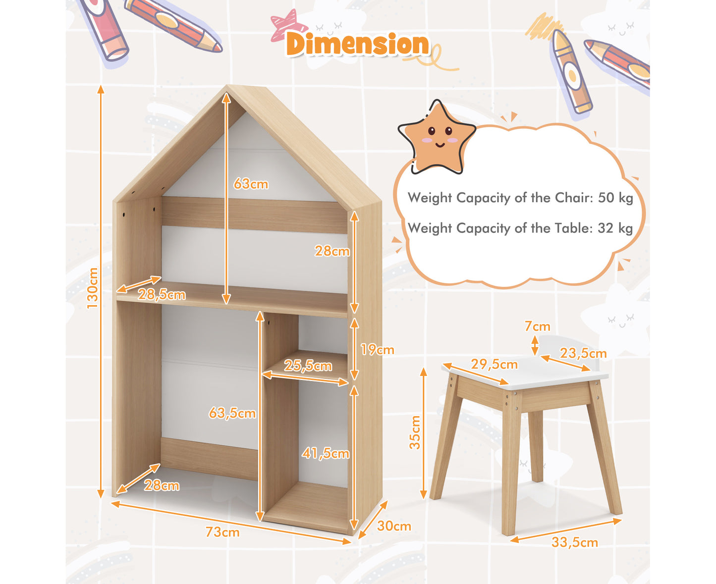 2-In-1 Kids House-Shaped Table and Chair Set Children Bookshelf Toy Storage Cabinet W/Blackboard