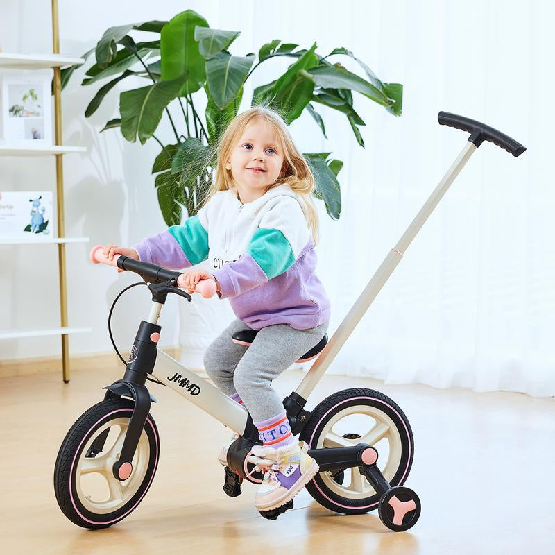 JMMD 6-In-1 Toddler Balance Bike for 18-60 Months with Training Wheels Pedals Push Handle Brakes Kickstand Ride-On Toy Gift Boys Girls