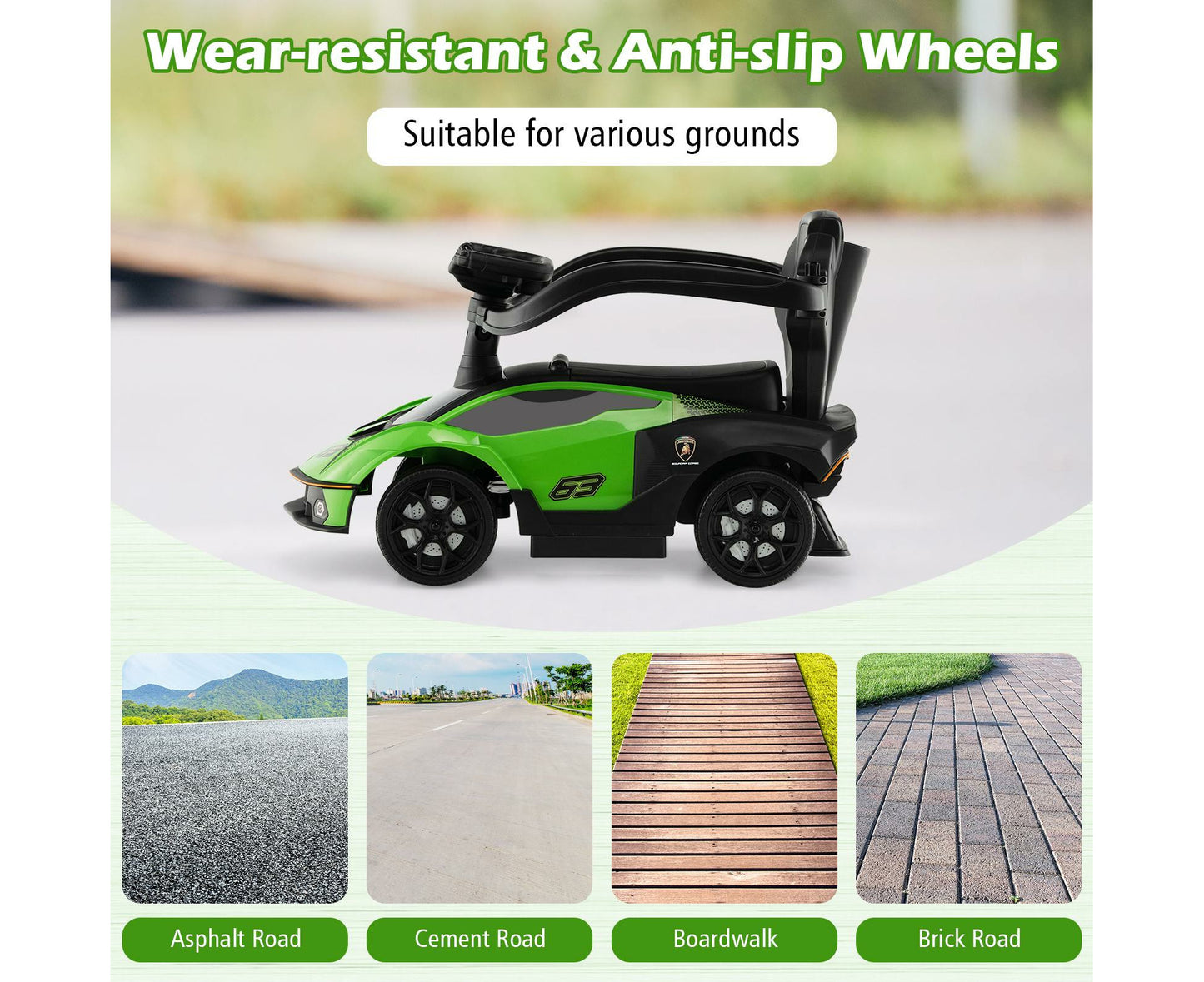 Kids Ride on Push Car Stroller Sliding Walking Toy Lamborghini Licensed W/Storage Box & Safety Guardrails Green