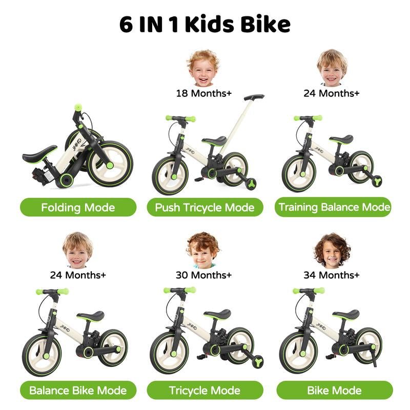 JMMD 6-In-1 Toddler Balance Bike for 18-60 Months with Training Wheels Pedals Push Handle Brakes Kickstand Ride-On Toy Gift Boys Girls