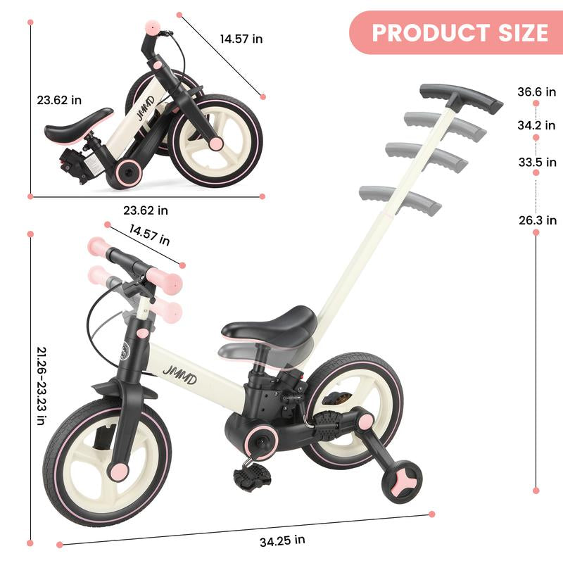 JMMD 6-In-1 Toddler Balance Bike for 18-60 Months with Training Wheels Pedals Push Handle Brakes Kickstand Ride-On Toy Gift Boys Girls