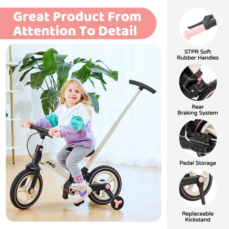 JMMD 6-In-1 Toddler Balance Bike for 18-60 Months with Training Wheels Pedals Push Handle Brakes Kickstand Ride-On Toy Gift Boys Girls