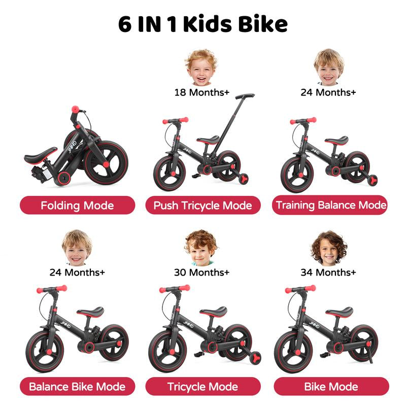 JMMD 6-In-1 Toddler Balance Bike for 18-60 Months with Training Wheels Pedals Push Handle Brakes Kickstand Ride-On Toy Gift Boys Girls