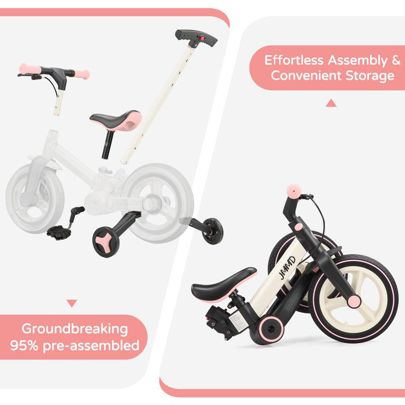 JMMD 6-In-1 Toddler Balance Bike for 18-60 Months with Training Wheels Pedals Push Handle Brakes Kickstand Ride-On Toy Gift Boys Girls