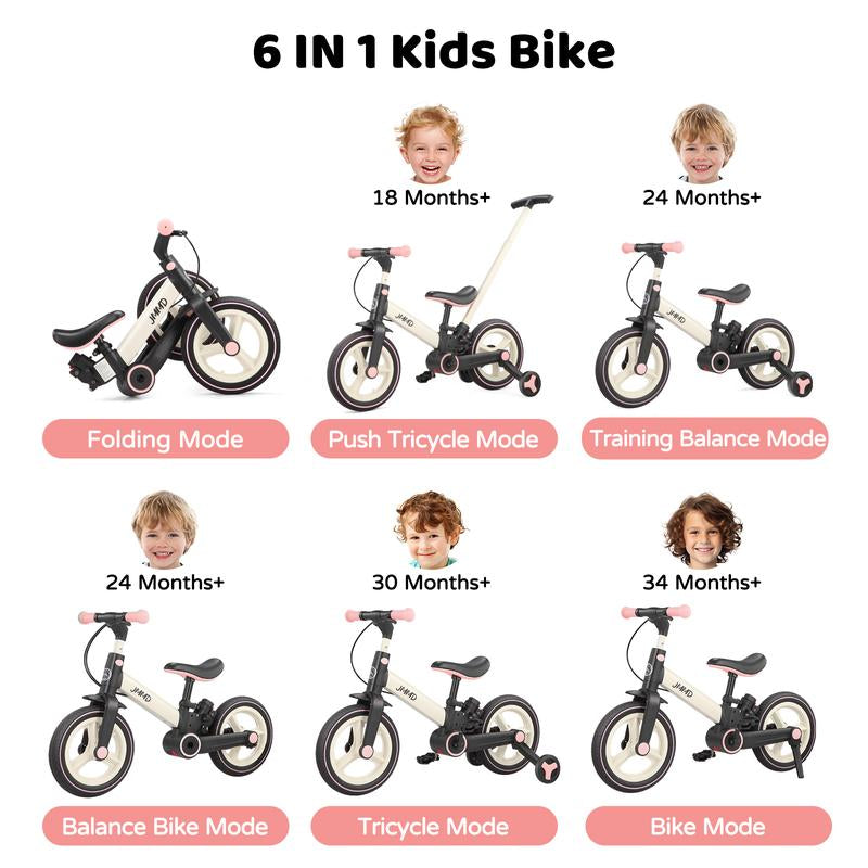 JMMD 6-In-1 Toddler Balance Bike for 18-60 Months with Training Wheels Pedals Push Handle Brakes Kickstand Ride-On Toy Gift Boys Girls