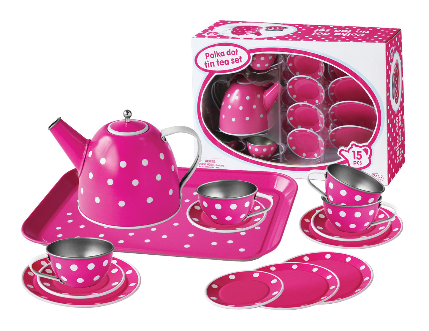 15Pc  Children'S White Polka Dot on Pink Tin Teapot/Teacup/Tray Set 3+