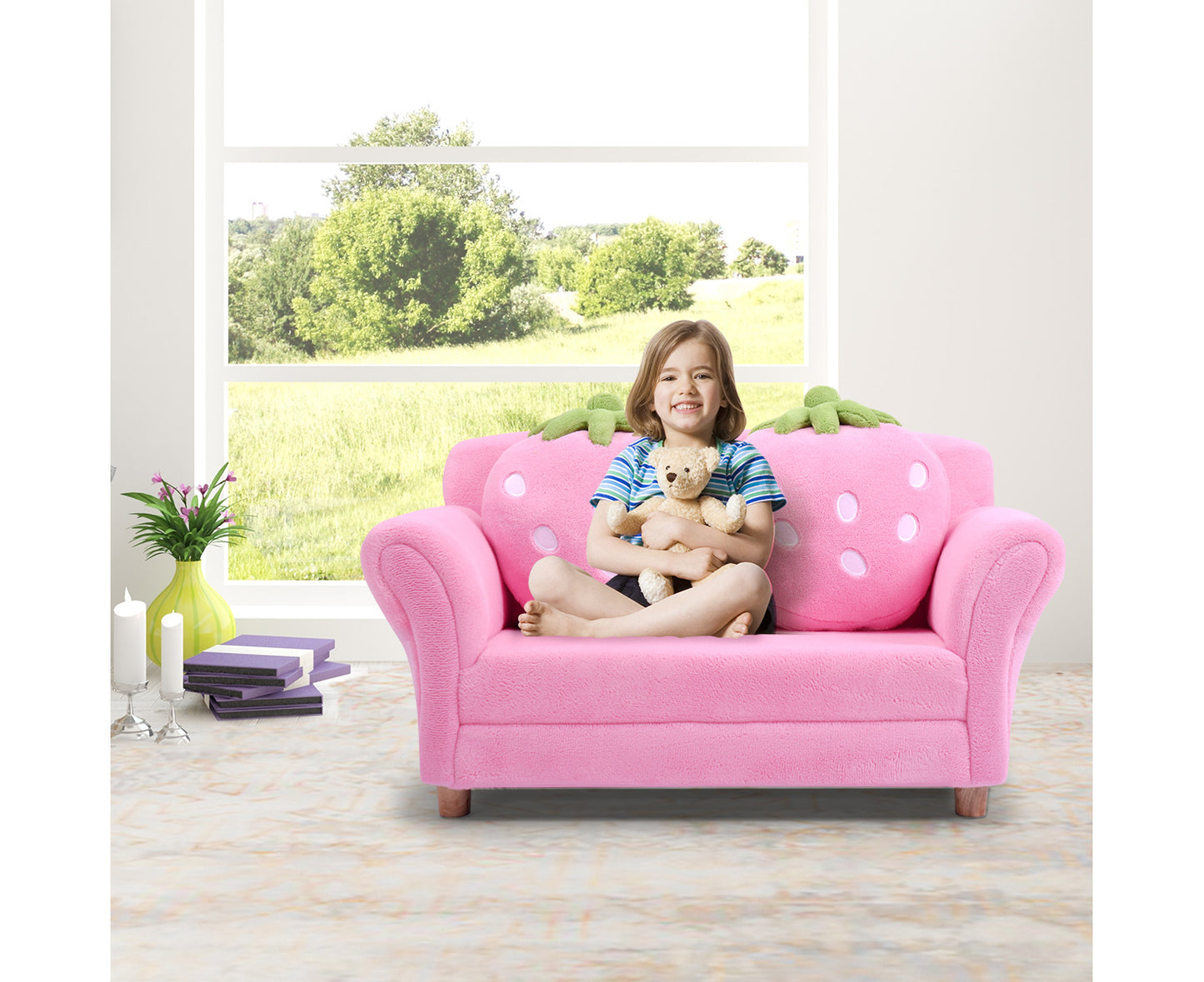 Velvet Kids Sofa 2-Seat Children Lounge W/2 Cute Strawberry Pillows Upholstered Armchair W/Solid Wooden Frame,Pink