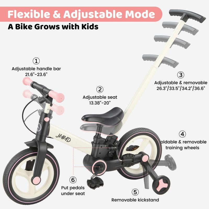 JMMD 6-In-1 Toddler Balance Bike for 18-60 Months with Training Wheels Pedals Push Handle Brakes Kickstand Ride-On Toy Gift Boys Girls
