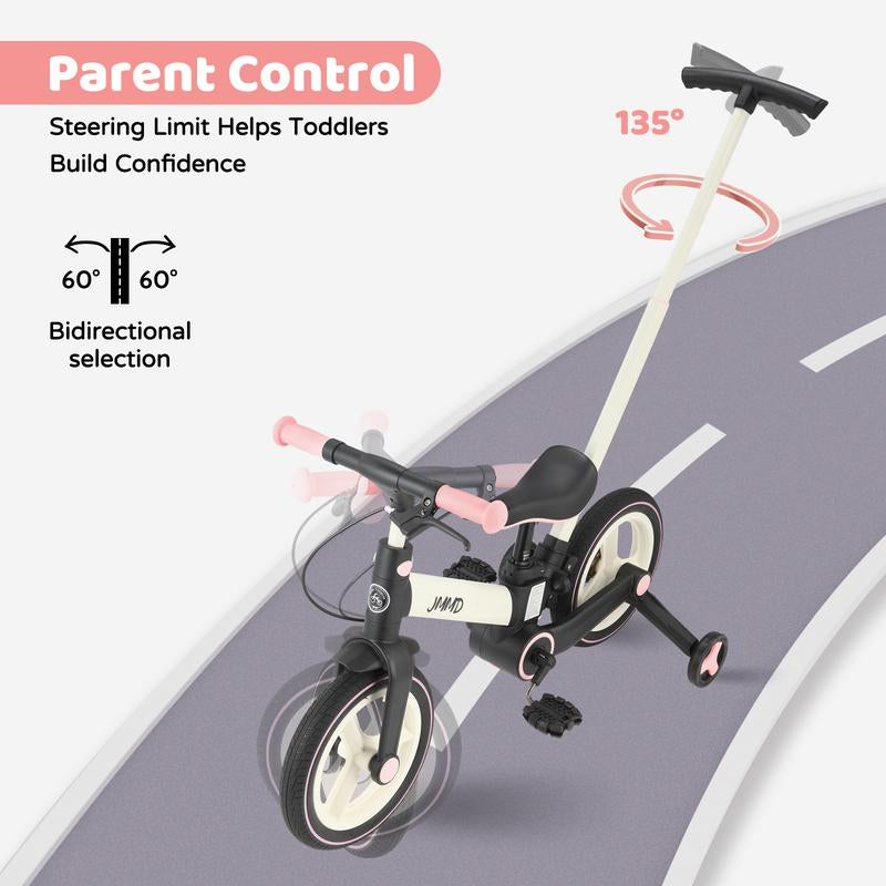 JMMD 6-In-1 Toddler Balance Bike for 18-60 Months with Training Wheels Pedals Push Handle Brakes Kickstand Ride-On Toy Gift Boys Girls