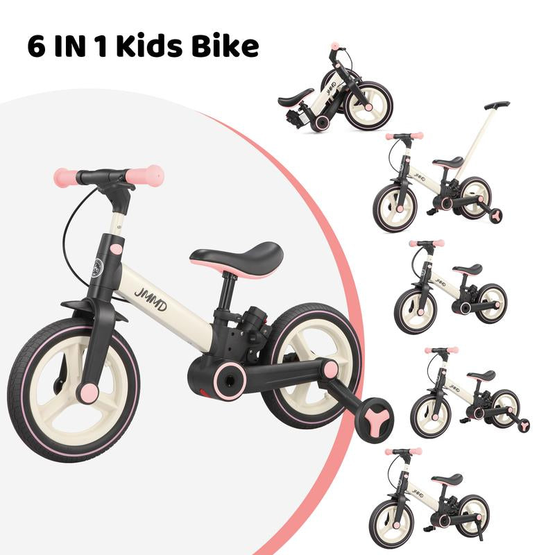 JMMD 6-In-1 Toddler Balance Bike for 18-60 Months with Training Wheels Pedals Push Handle Brakes Kickstand Ride-On Toy Gift Boys Girls