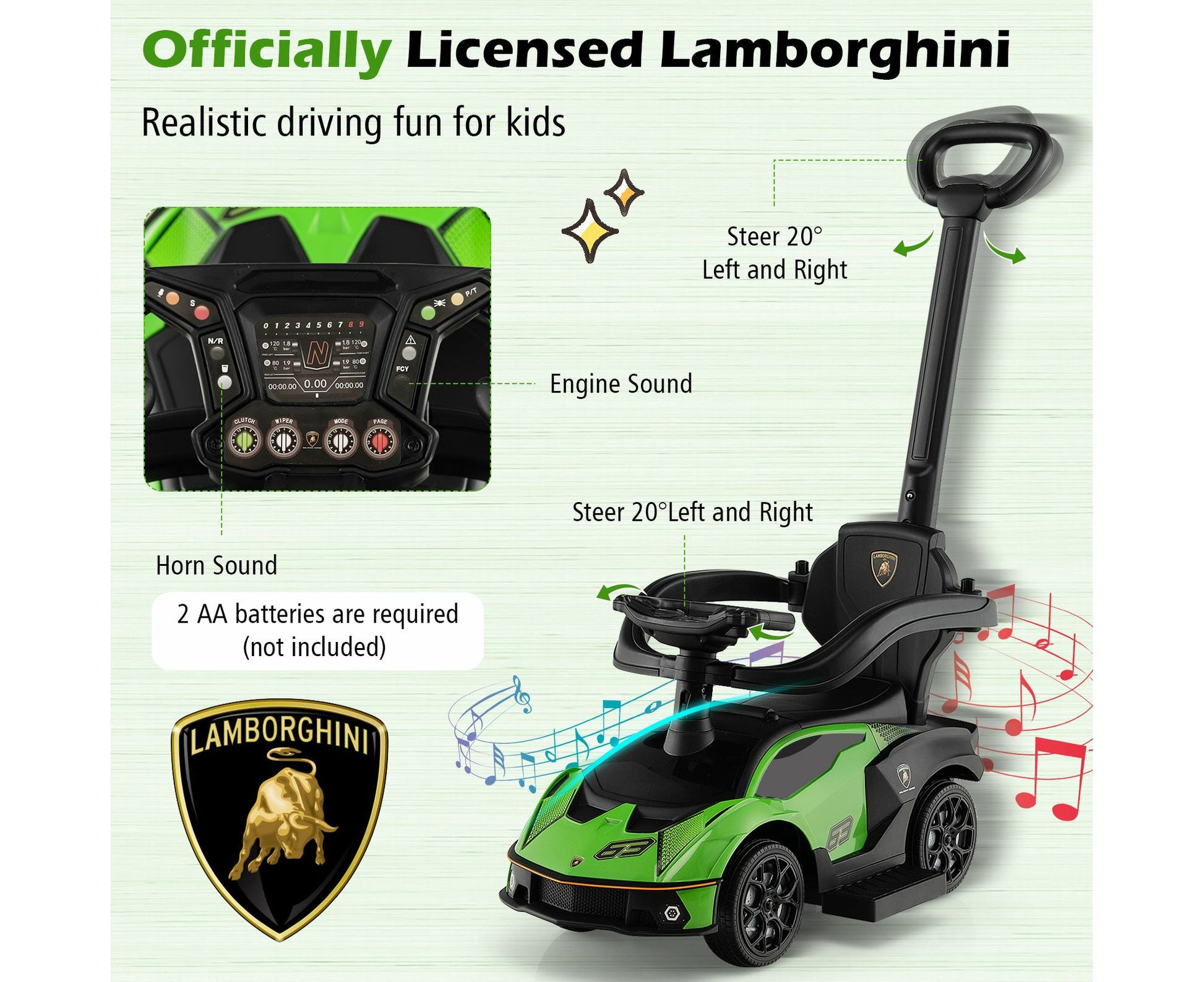 Kids Ride on Push Car Stroller Sliding Walking Toy Lamborghini Licensed W/Storage Box & Safety Guardrails Green