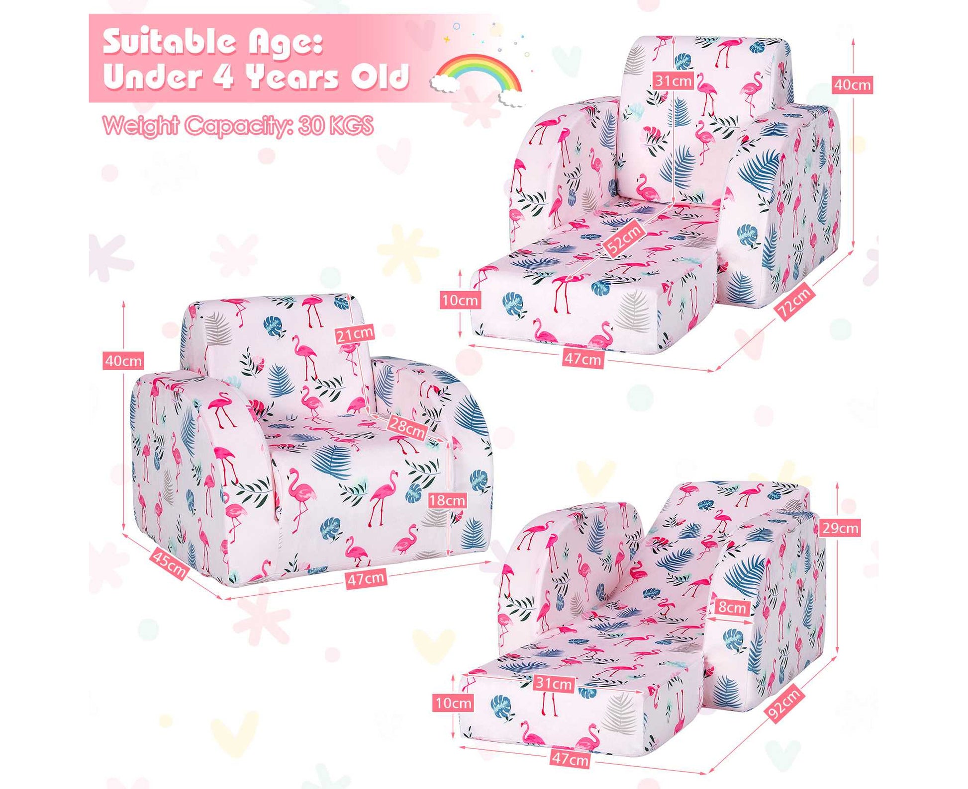 3 in 1 Kids Flip Out Sofa Chair Children Convertible Armchair Sofa Bed Lounge Couch for Reading Playing & Napping,Pink