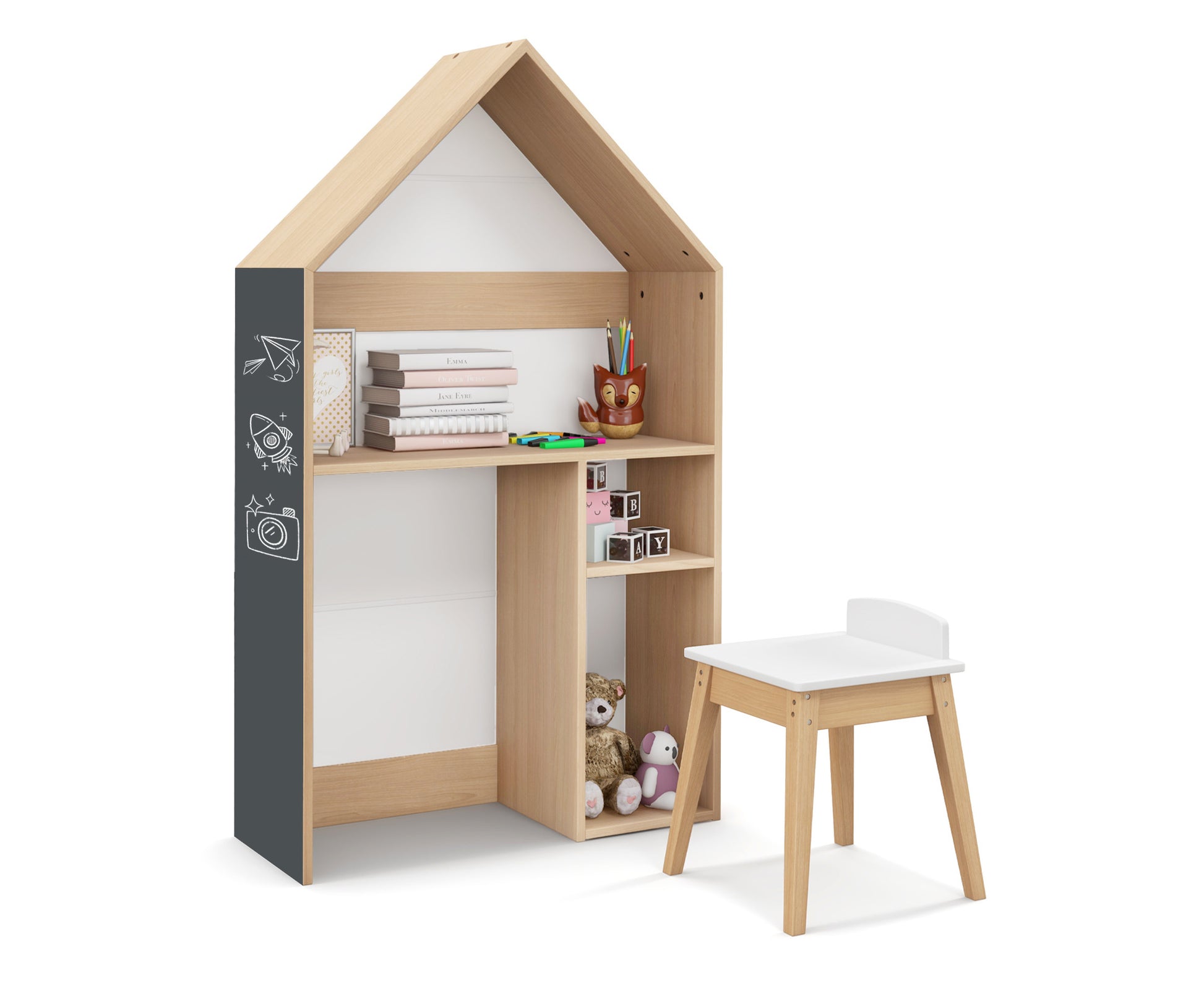 2-In-1 Kids House-Shaped Table and Chair Set Children Bookshelf Toy Storage Cabinet W/Blackboard