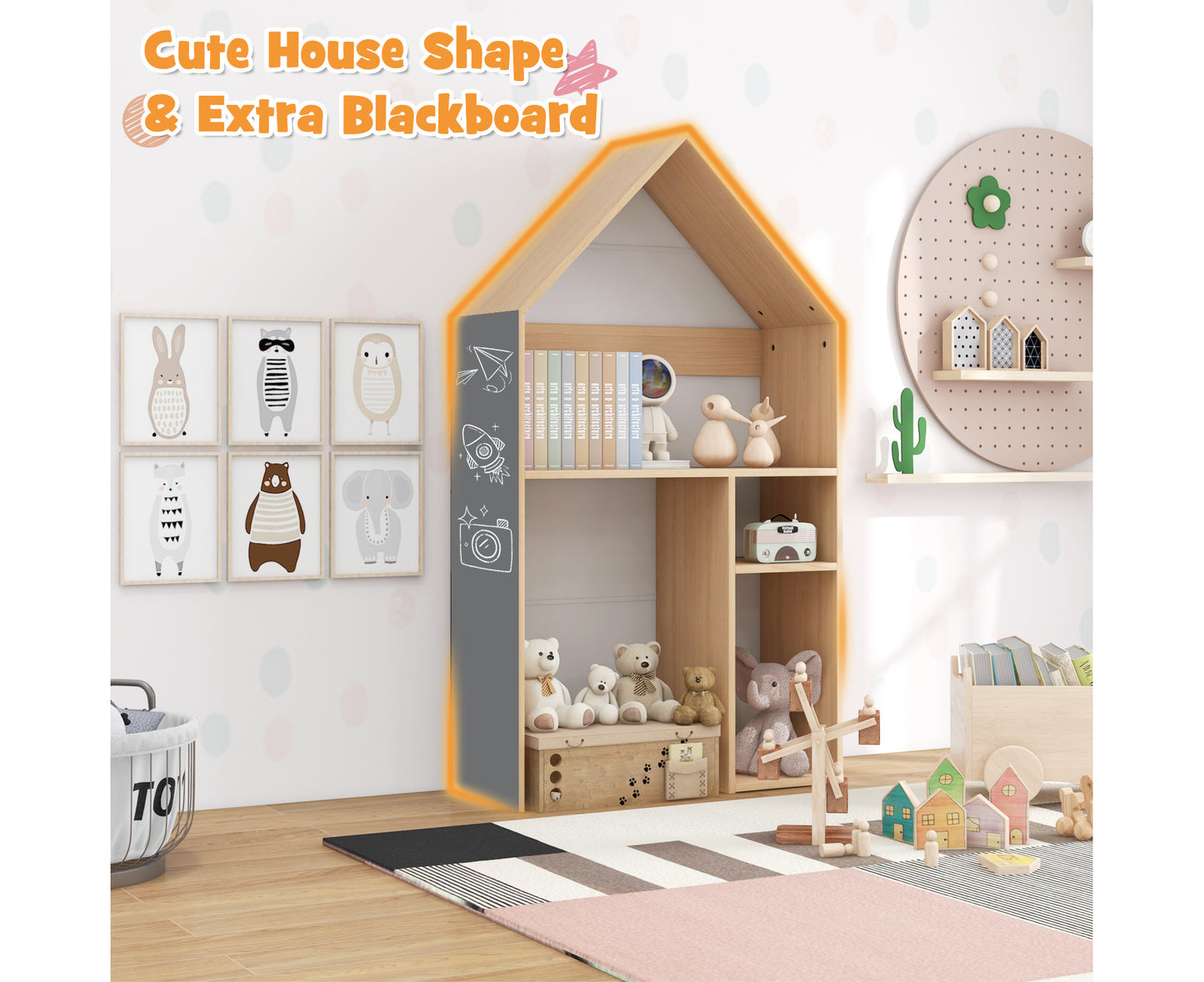 2-In-1 Kids House-Shaped Table and Chair Set Children Bookshelf Toy Storage Cabinet W/Blackboard