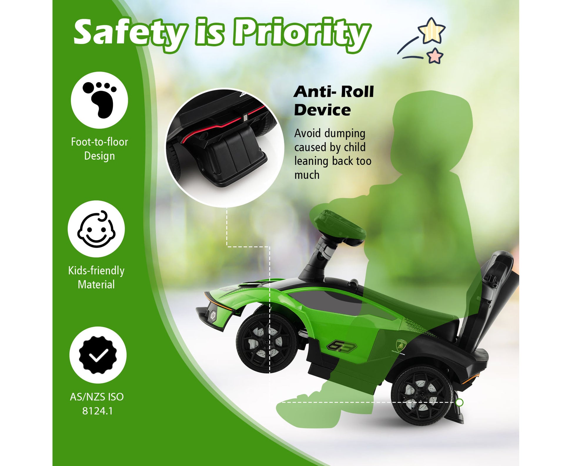 Kids Ride on Push Car Stroller Sliding Walking Toy Lamborghini Licensed W/Storage Box & Safety Guardrails Green
