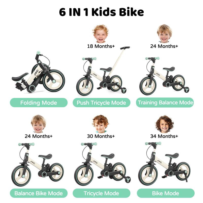 JMMD 6-In-1 Toddler Balance Bike for 18-60 Months with Training Wheels Pedals Push Handle Brakes Kickstand Ride-On Toy Gift Boys Girls
