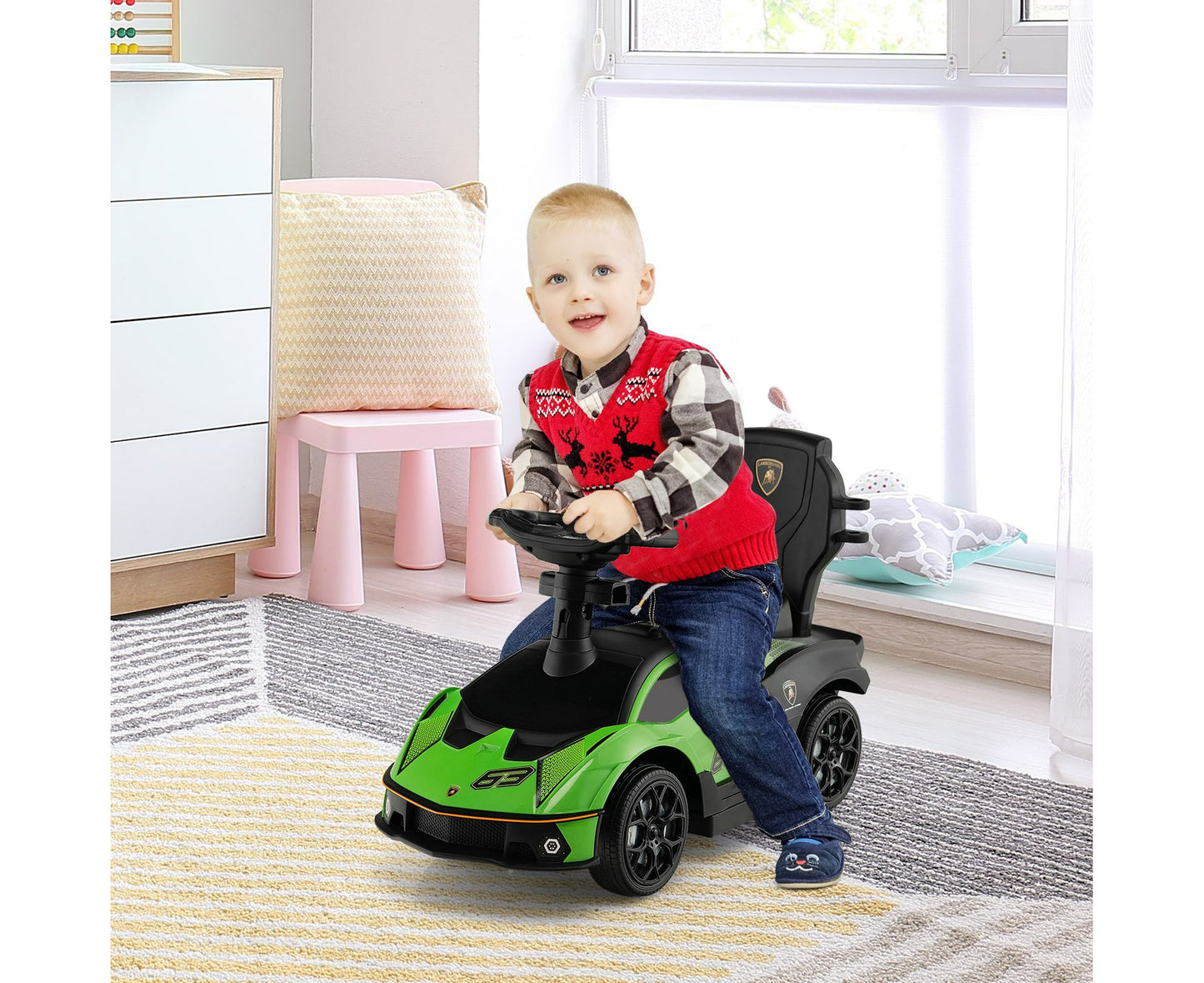 Kids Ride on Push Car Stroller Sliding Walking Toy Lamborghini Licensed W/Storage Box & Safety Guardrails Green