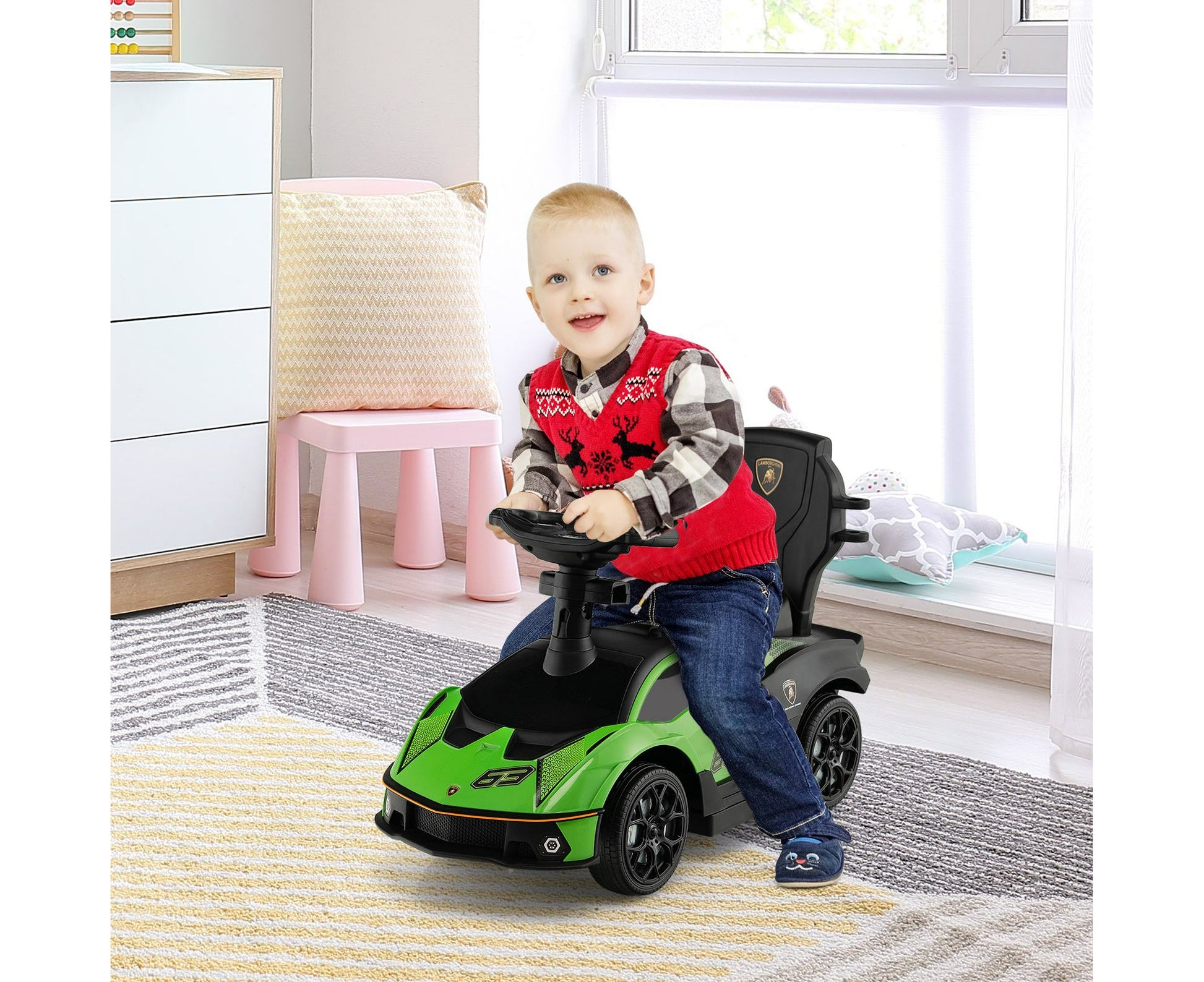 Kids Ride on Push Car Stroller Sliding Walking Toy Lamborghini Licensed W/Storage Box & Safety Guardrails Green