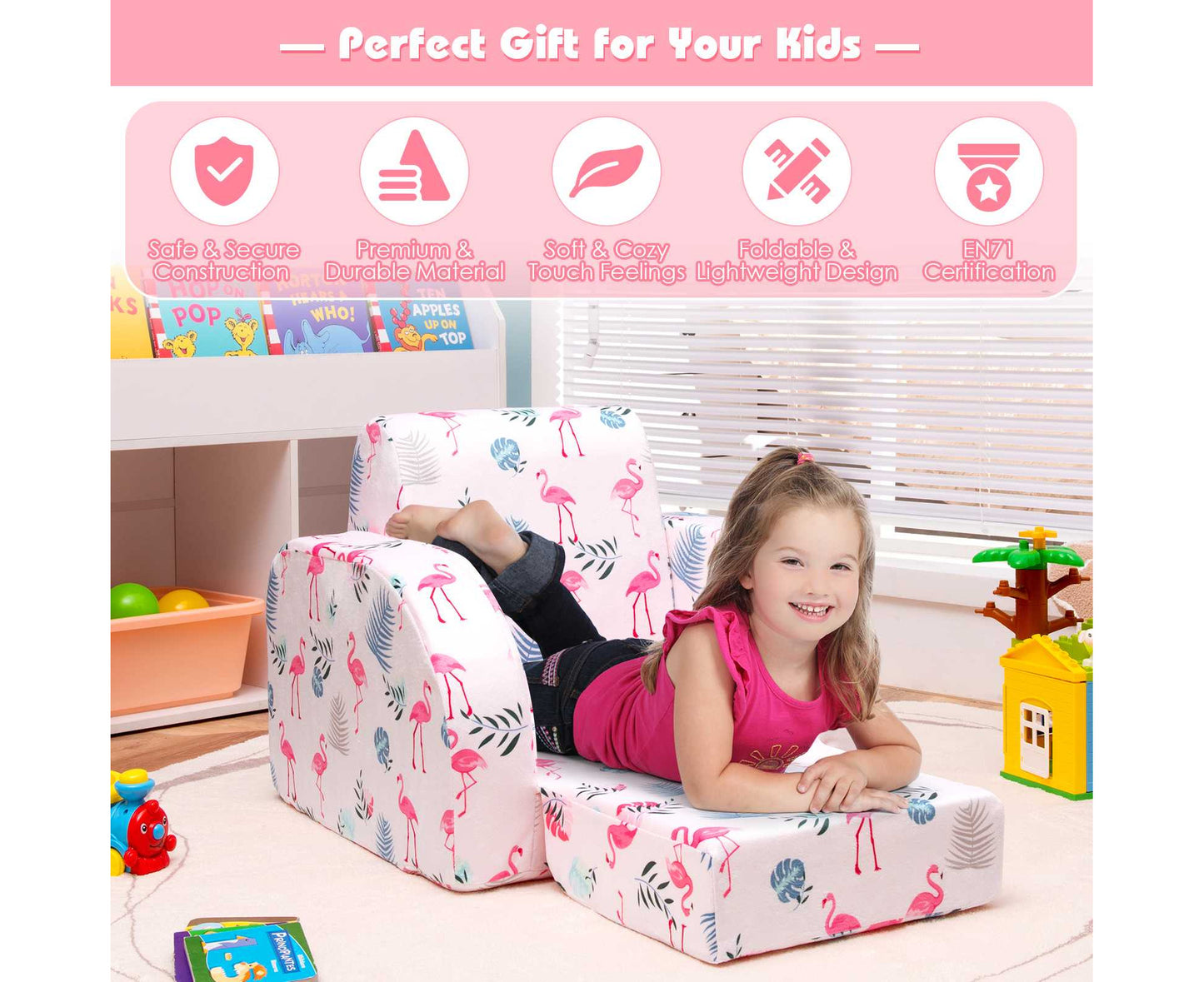 3 in 1 Kids Flip Out Sofa Chair Children Convertible Armchair Sofa Bed Lounge Couch for Reading Playing & Napping,Pink
