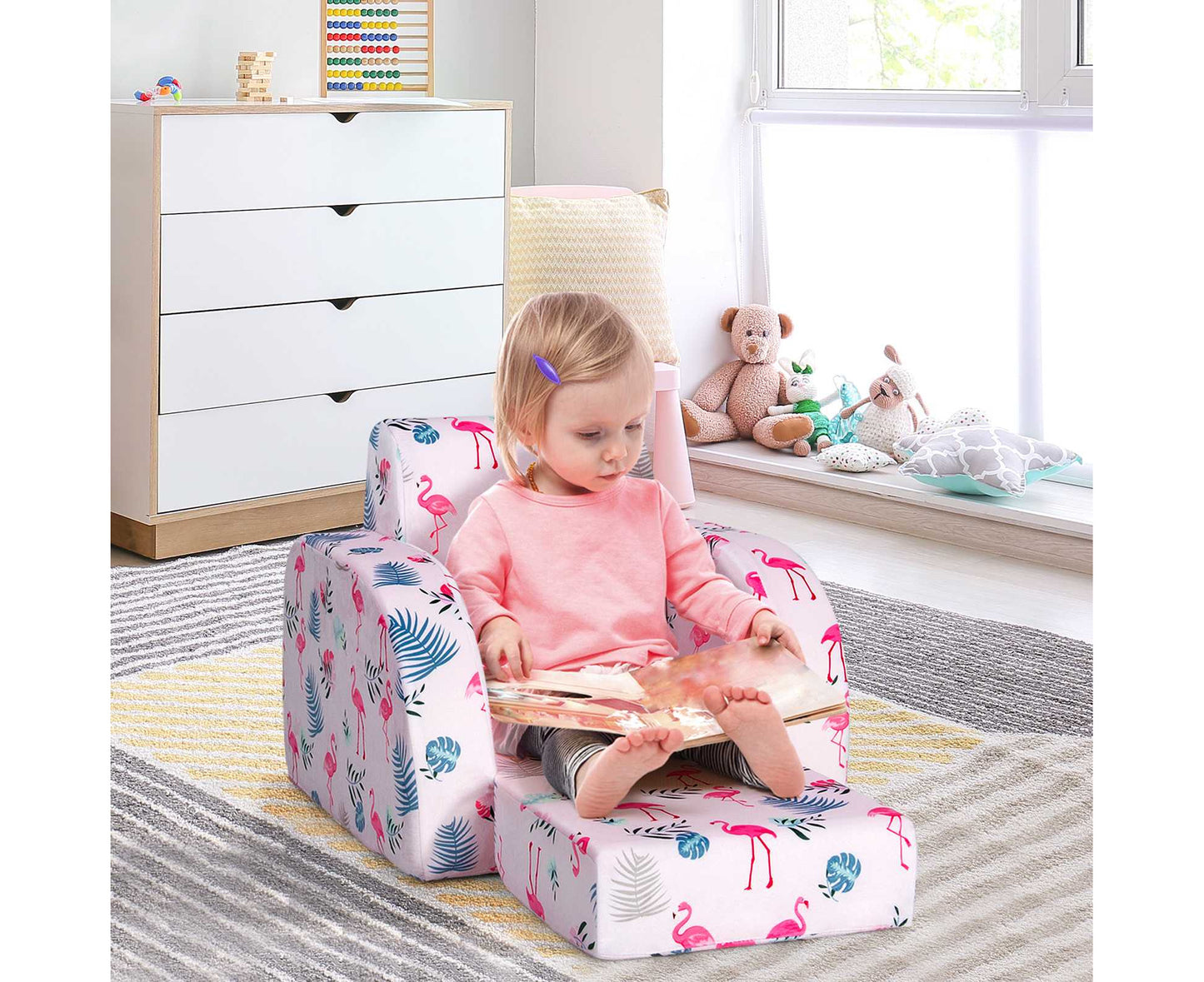3 in 1 Kids Flip Out Sofa Chair Children Convertible Armchair Sofa Bed Lounge Couch for Reading Playing & Napping,Pink