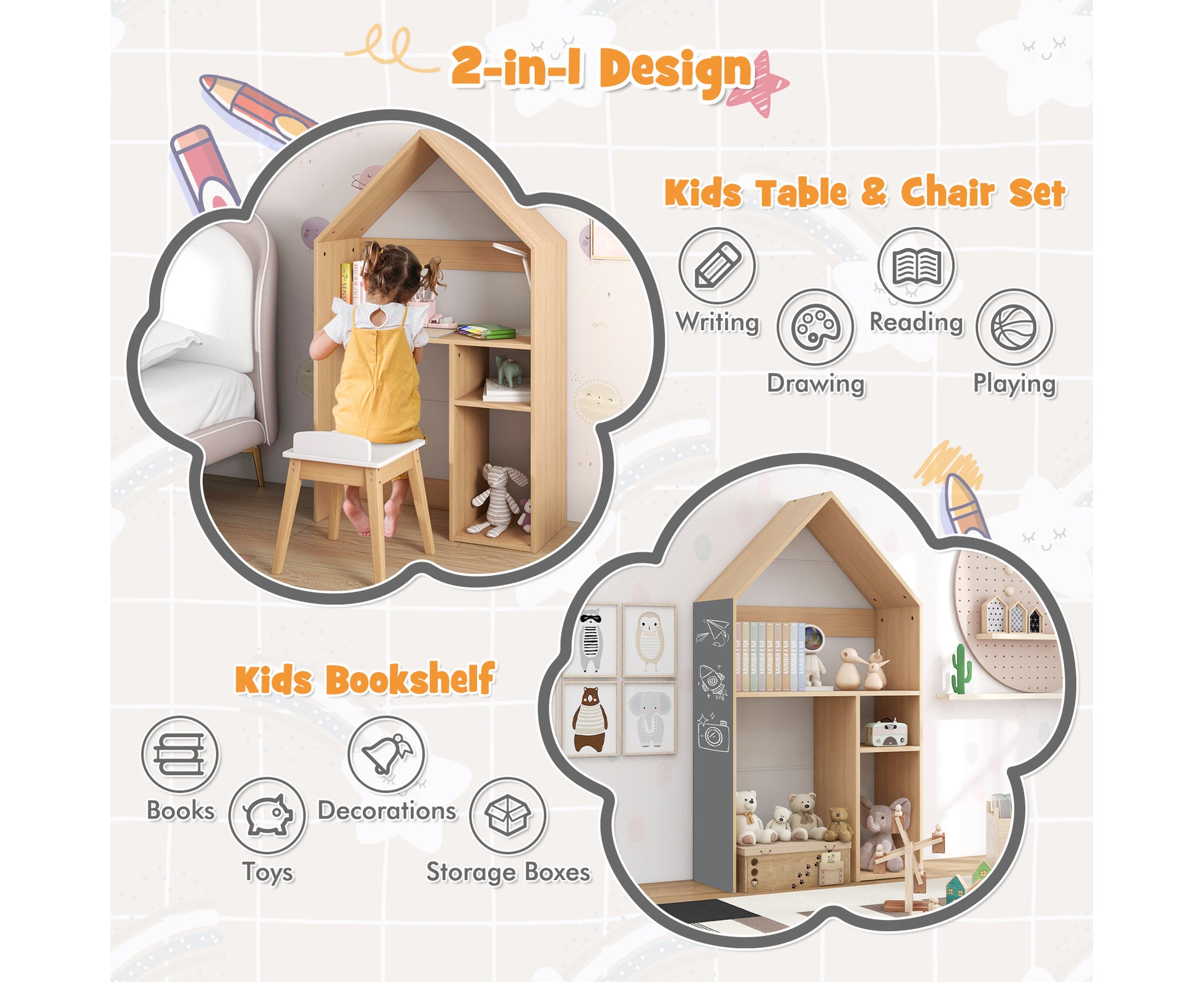 2-In-1 Kids House-Shaped Table and Chair Set Children Bookshelf Toy Storage Cabinet W/Blackboard