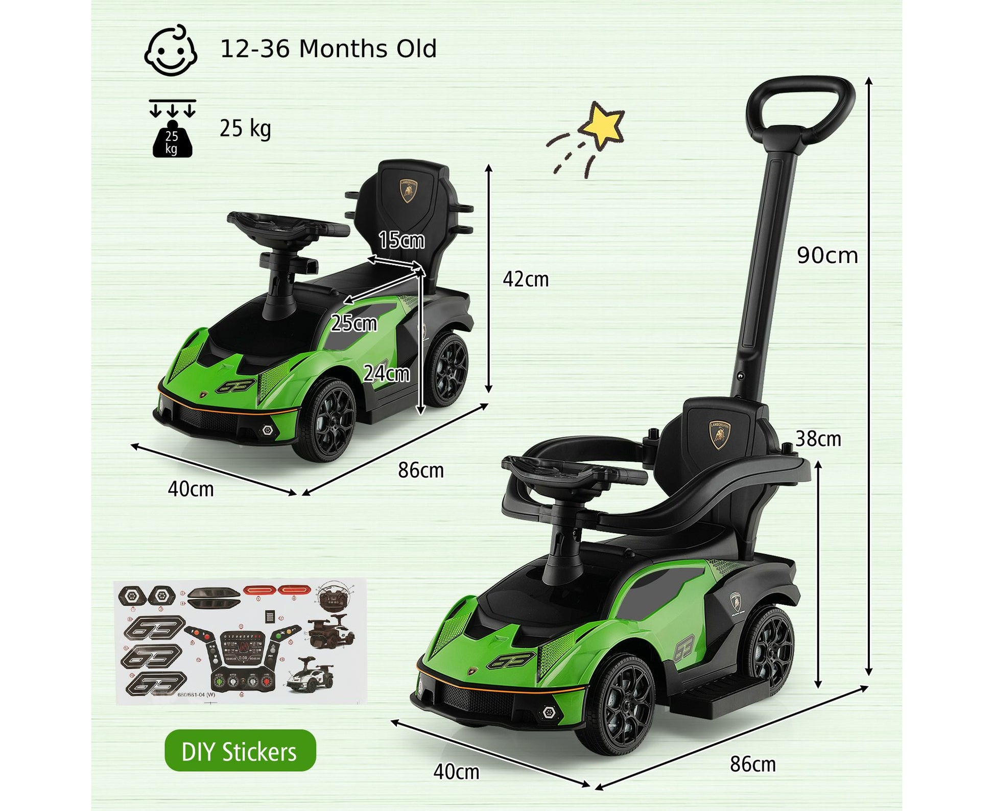 Kids Ride on Push Car Stroller Sliding Walking Toy Lamborghini Licensed W/Storage Box & Safety Guardrails Green