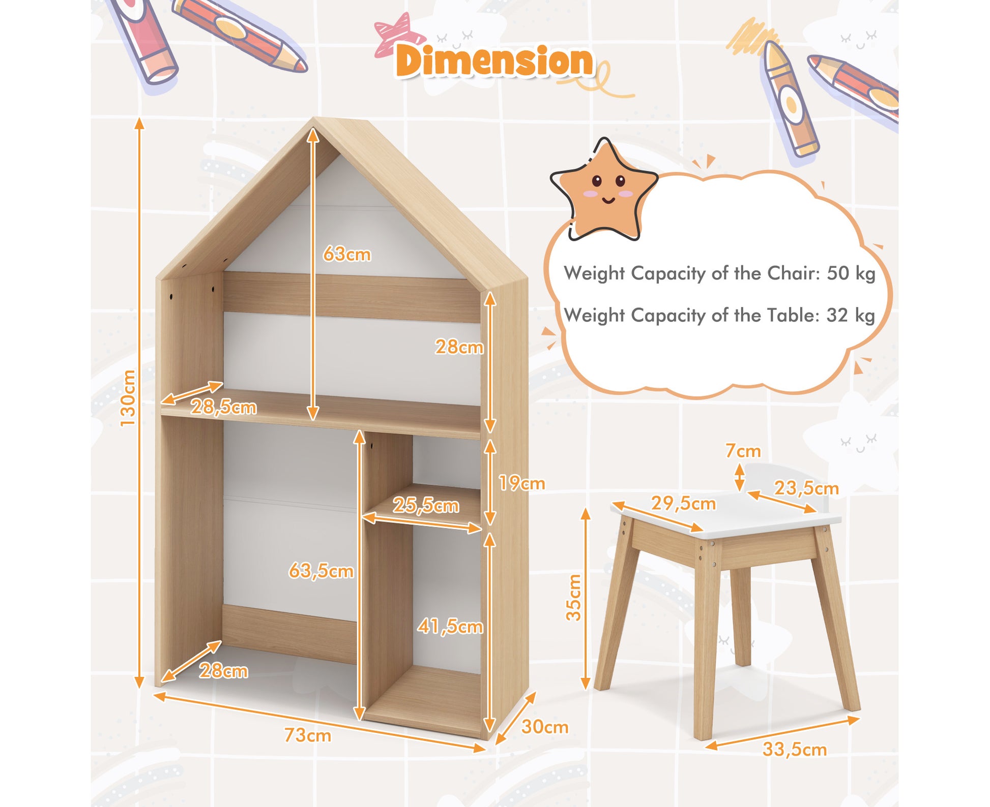 2-In-1 Kids House-Shaped Table and Chair Set Children Bookshelf Toy Storage Cabinet W/Blackboard