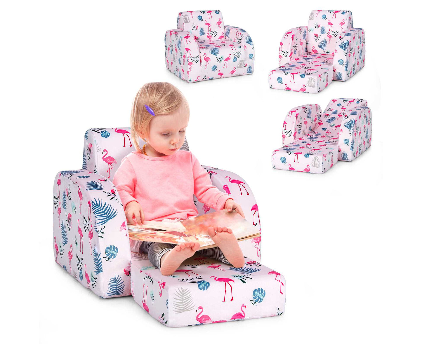 3 in 1 Kids Flip Out Sofa Chair Children Convertible Armchair Sofa Bed Lounge Couch for Reading Playing & Napping,Pink