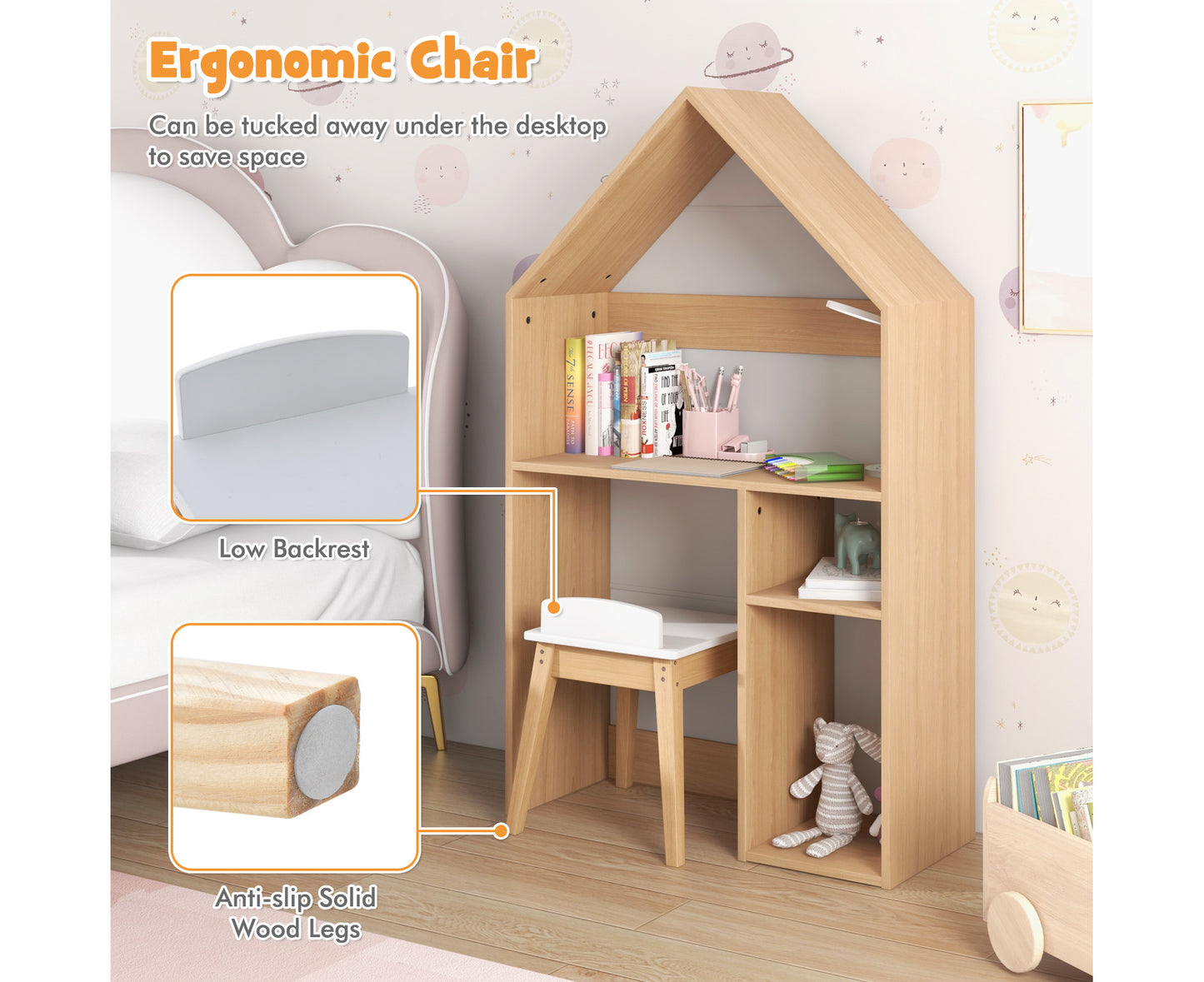 2-In-1 Kids House-Shaped Table and Chair Set Children Bookshelf Toy Storage Cabinet W/Blackboard