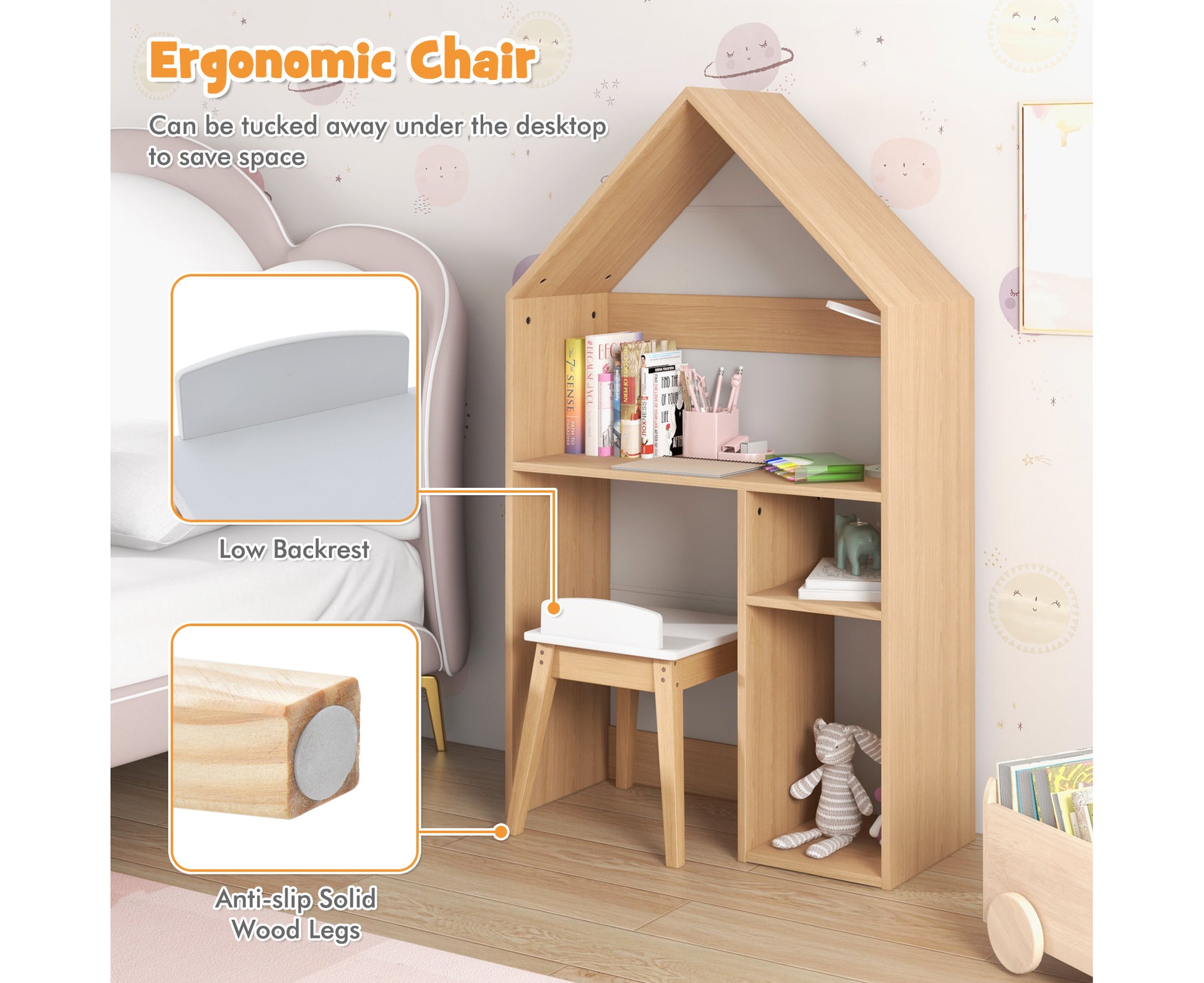 2-In-1 Kids House-Shaped Table and Chair Set Children Bookshelf Toy Storage Cabinet W/Blackboard