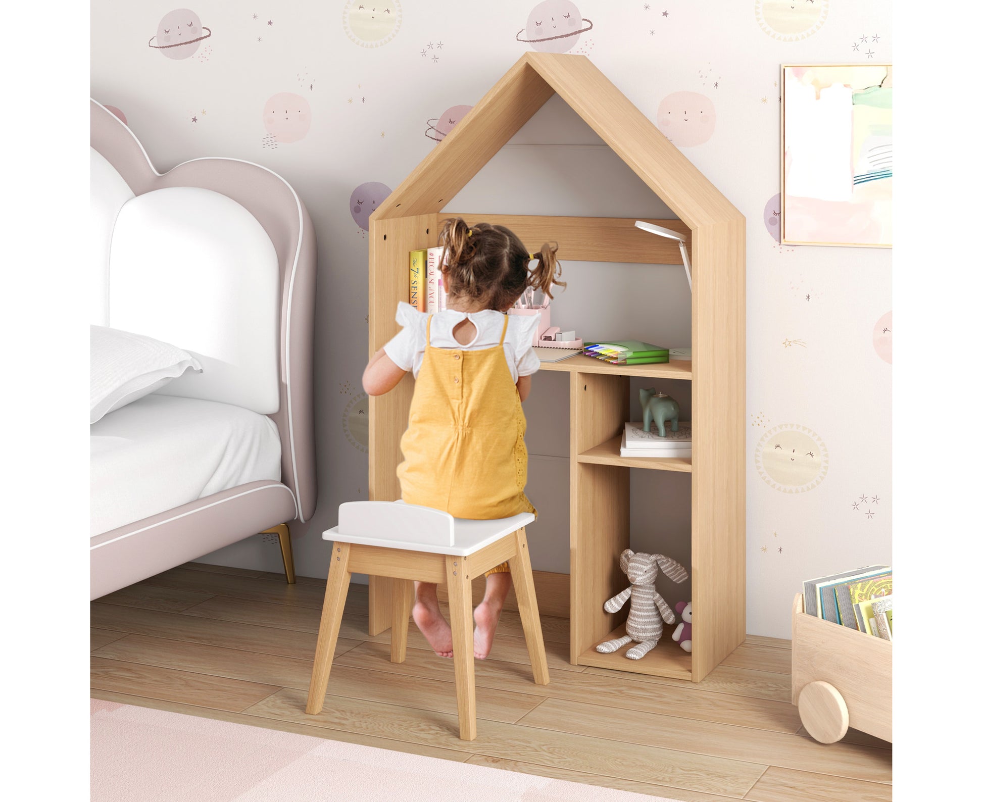 2-In-1 Kids House-Shaped Table and Chair Set Children Bookshelf Toy Storage Cabinet W/Blackboard